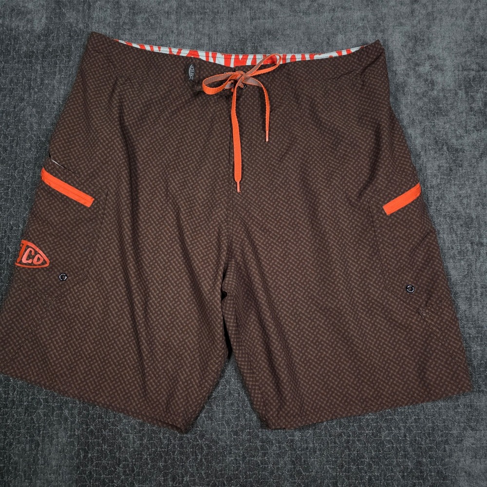 AFTCO Mens Fishing Board Shorts Brown Orange Geometric Print Size 36 Swim Trunks